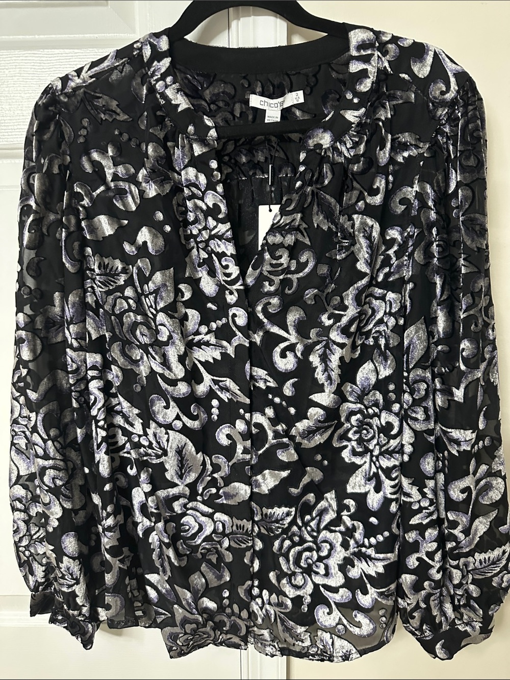 Chico's Black Blouse with Silver Floral Burnout